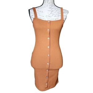 Iris Ladies Sz Small Rust Orange Ribbed Bodycon Button Down Tank Dress